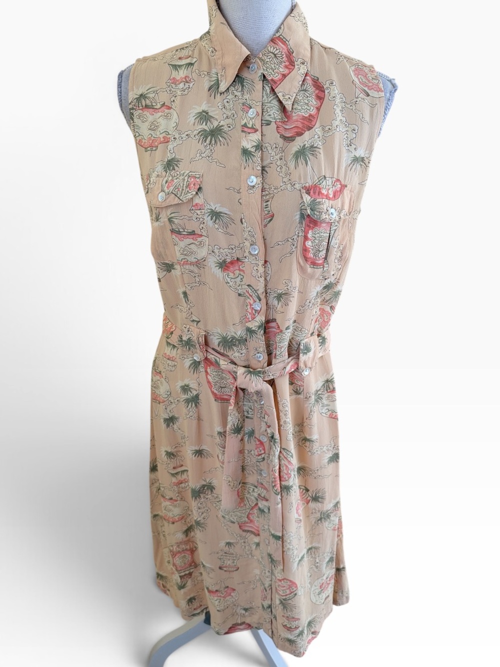 April Cornell Cream/Asian Lantern Print Sleeveless Button-Front Shirt Dress S